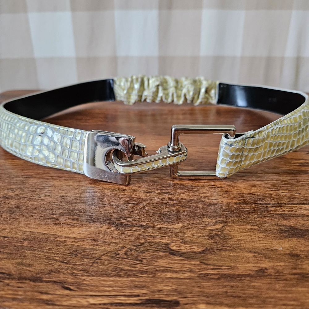 Vtg Sandy Duftler Genuine Leather Snake Embossed‎ Elasticated Belt M Hook Buckle